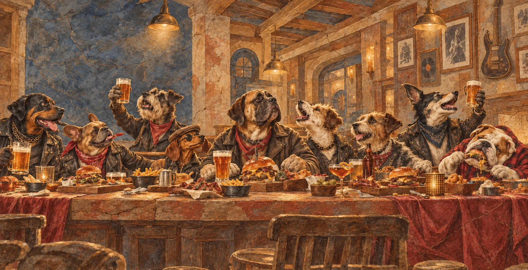 Matilha de cães reunida em um banquete no pub