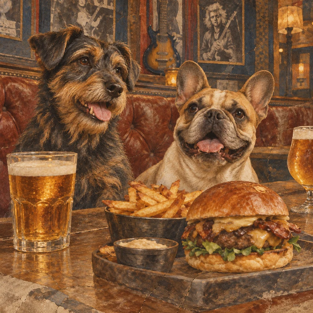 Dois cães à mesa com burger e cerveja